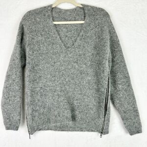Michelle Mason Alpaca Merino Wool Sweater Size XS Gray V-Neck Side Zip Classic